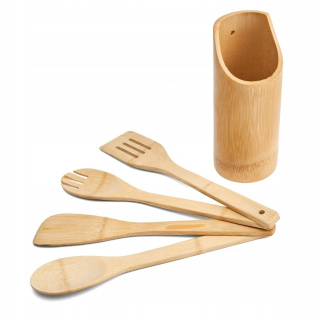 Drevené KUCHYNSKÉ NÁRADIE SÚPRAVA 2 lopatky, lyžica, vidlička + BAMBUSOVÁ NÁDOBA