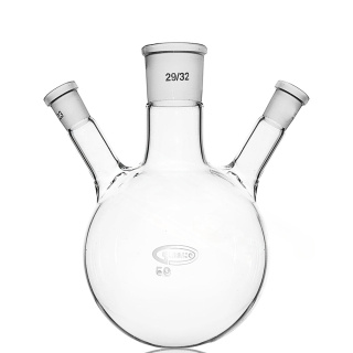 Trojhrdlá banka s guľatým dnom so šikmými bočnými hrdlami, 100 ml, brúsy 29/14/14, GLASSCO, borosilikátové sklo (BORO 3.3)