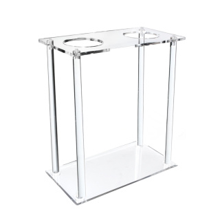 Dvojmiestny stojan na Imhoffove lieviky z PC – priehľadný, stabilný, otvory 85 mm