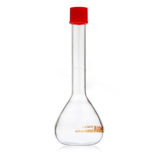 Odmerná banka sklenená, 50 ml, trieda A, hnedá stupnica, závit GL18, s certifikátom