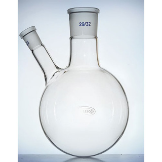 Dvojhrdlá banka s guľatým dnom so šikmým bočným hrdlom, 50 ml, brúsy 29/32 a 14/23, GLASSCO, borosilikátové sklo (BORO 3.3)