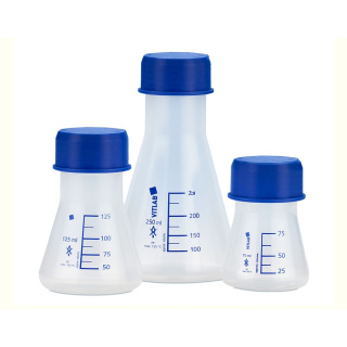 Erlenmeyerova banka z PP s modrým uzáverom – 75 ml, GL 45