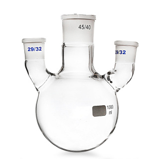 Trojhrdlá banka s guľatým dnom, priame hrdlá, 1000 ml, brúsy 45/29/29, borosilikátové sklo (BORO 3.3)
