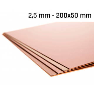 Medený plech hrúbka 2,5 mm rozmer 200x50 mm medená Cu forma
