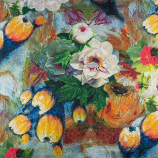 Látka Jersey ITY hladká maľované kvety pletenina 0,5m