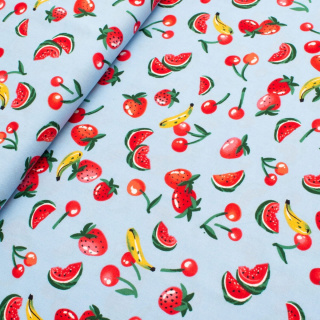 Látka viskózová bledomodrá ovocie vzor 100% viskóza 0,5m