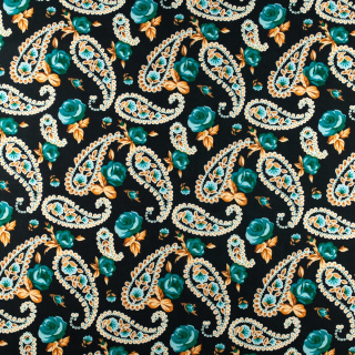 Látka viskóza twill čierna hladká kvety vzor 0,5m