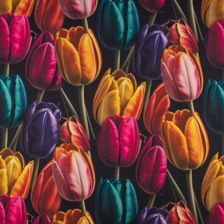 Látka viskóza twill čierna hladká tulipány vzor 0,5m