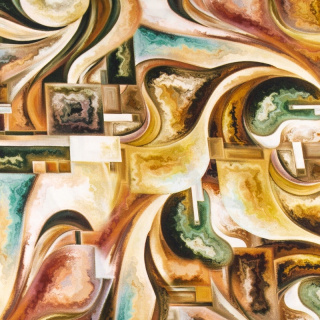 Látka viskózová hnedá kubizmus vzor 100% viskóza 0,5m