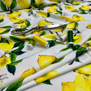 Látka viskóza twill žltá hladká citróny vzor 0,5m