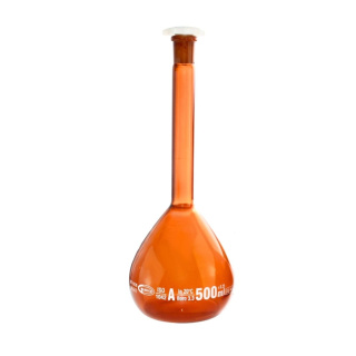 Odmerná banka sklenená oranžová, 100 ml, trieda A, brúsený spoj 12/21, s certifikátom – GLASSCO