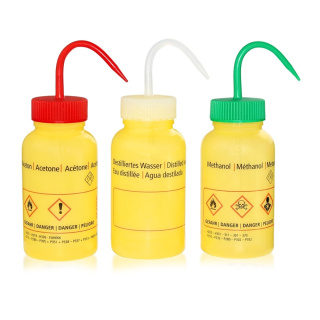 Tryska s potlačou Acetone, 250 ml, žltá, široké hrdlo GL40 – PE-LD, ADR