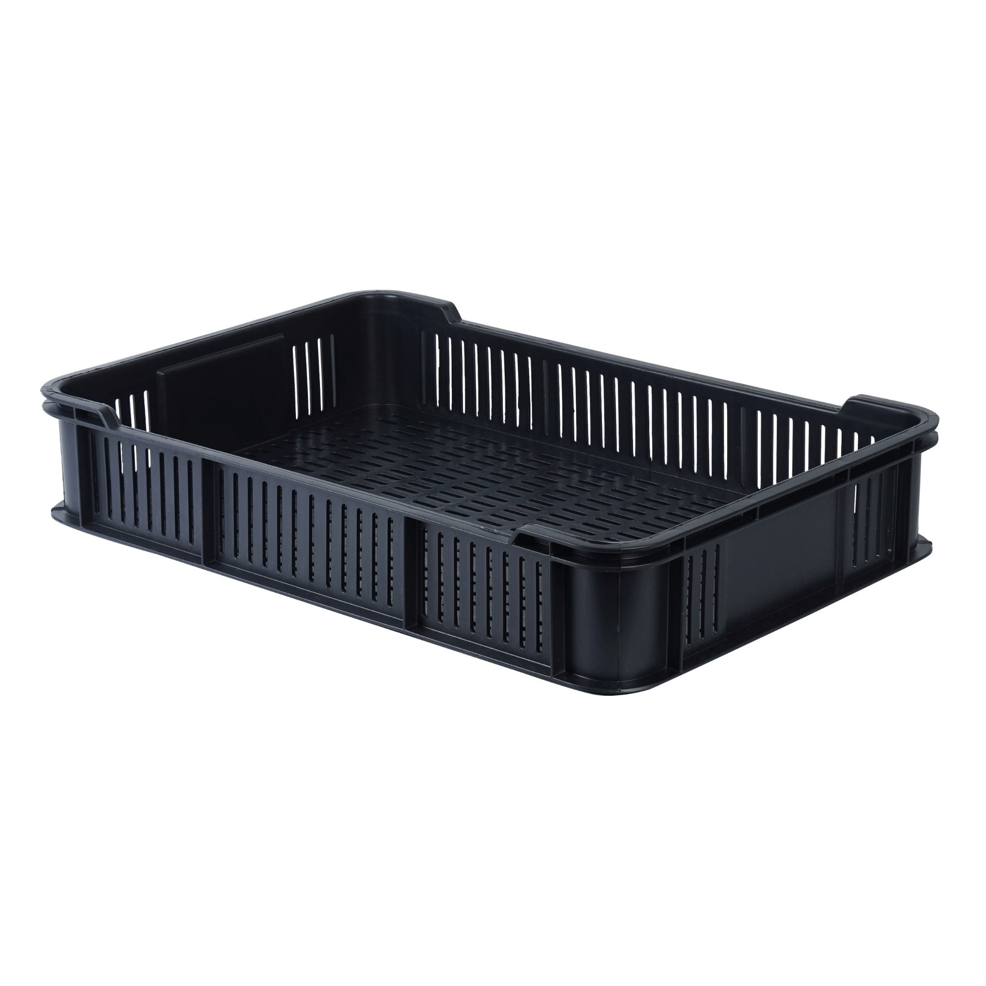 plastová nádoba nízka prepravka na ovocie 600x400x100mm čierna perforovaná megamix.sk