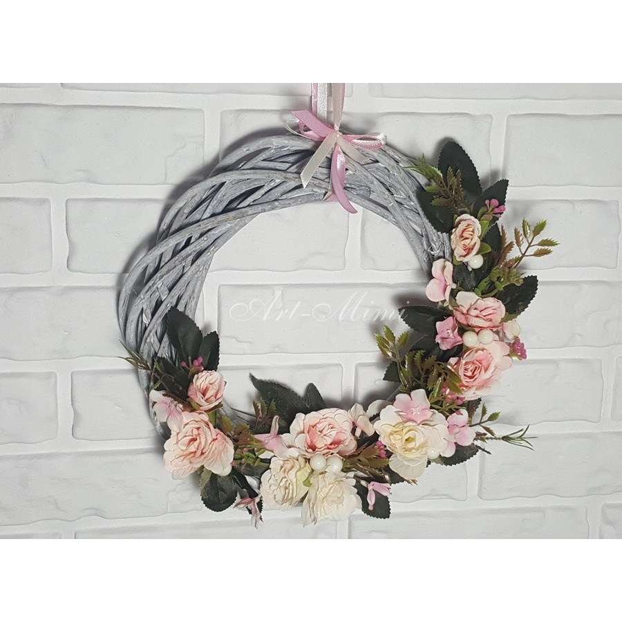 prútený veniec 25cm na dvere dekorácie LIGHT PINK ruže megamix.sk